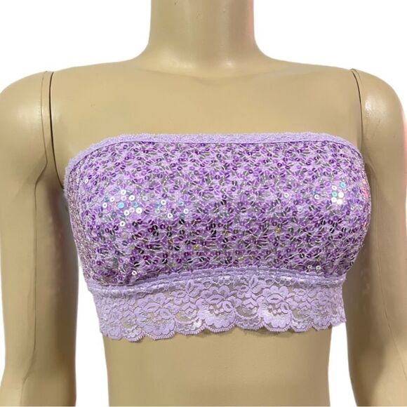 Victorias Secret Pink Strapless Bling Sequin Lace Unlined Bandeau Bralette bra - Picture 1 of 5